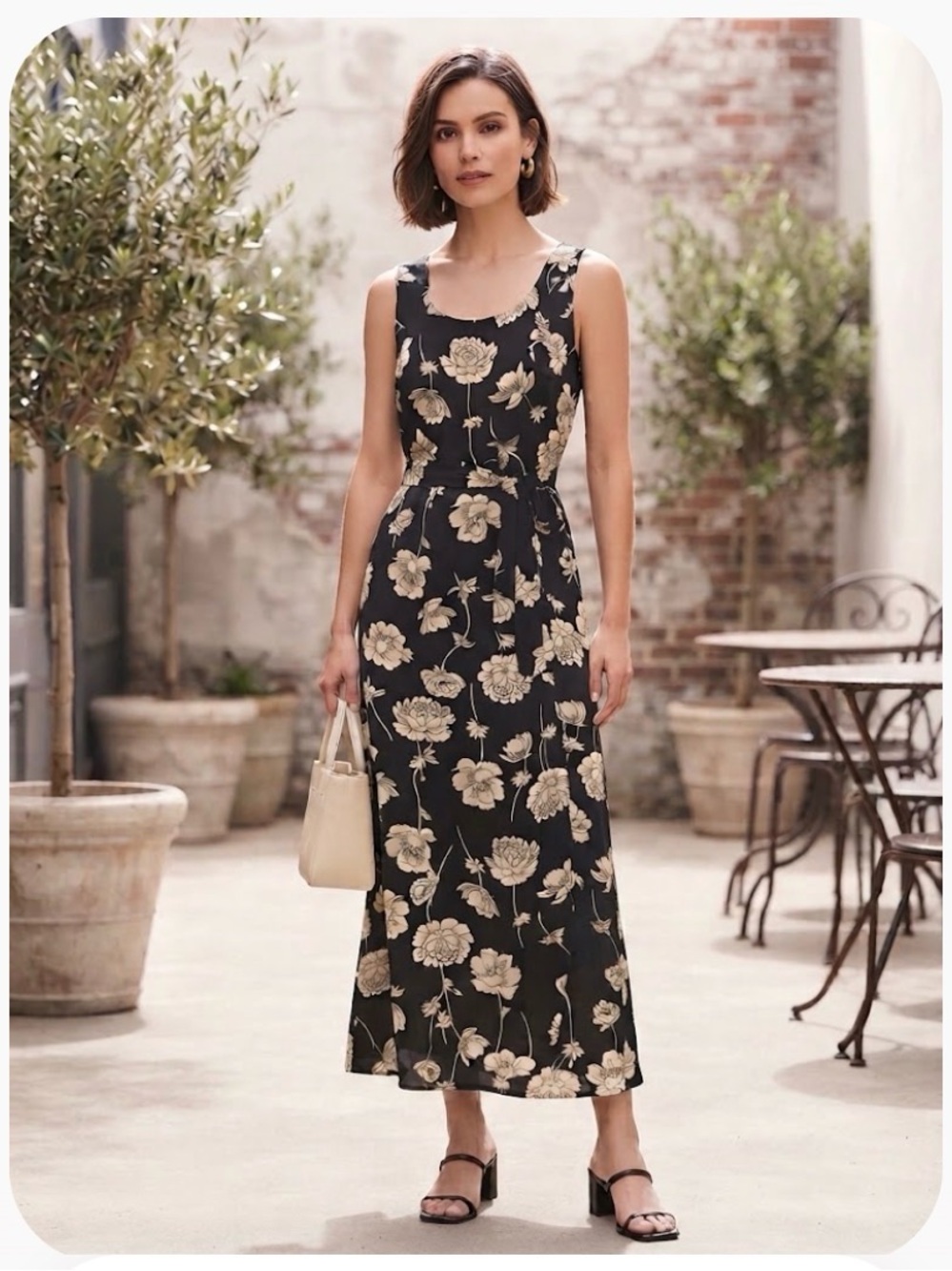 Sleeveless Black Maxi Dress with Cream Floral Print